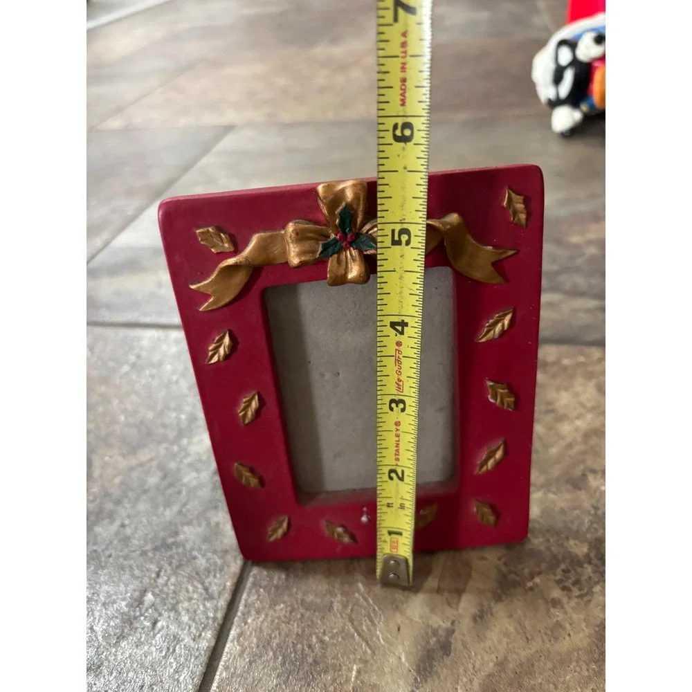Christmas Red and Gold Holly Ribbon Picture Frame Small Tabletop Holiday Decor